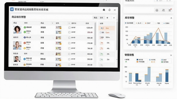 一张展示管家通商品销售管理系统电脑版主界面的截图,包含商品列表、库存预警、销售图表等模块,界面整洁明亮,数据清晰可见
