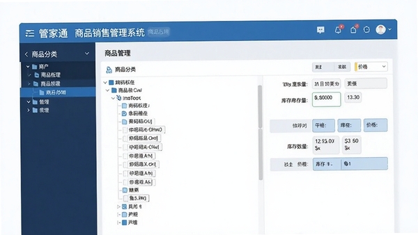 管家通商品销售管理系统商品管理界面,展示商品分类树、条码标签、库存数量及价格信息,界面采用蓝色调,现代简洁