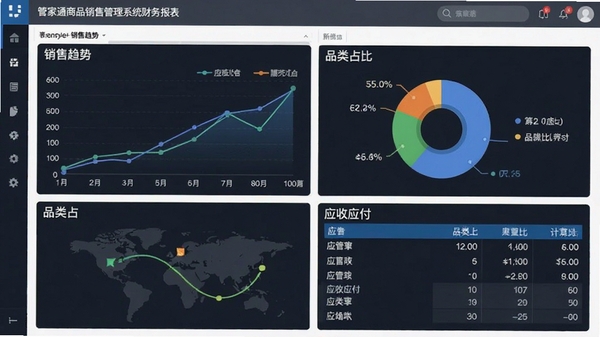 管家通商品销售管理系统财务报表界面,展示销售趋势折线图、品类占比饼图及应收应付汇总表,数据可视化效果出色