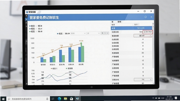 管家婆免费记账软件界面展示,包含收支图表和分类列表,现代简约风格,高清桌面截图