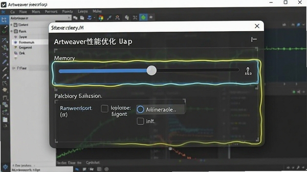 Artweaver性能优化设置界面,内存滑块和硬件加速选项高亮,背景为软件主界面,清晰展示操作步骤