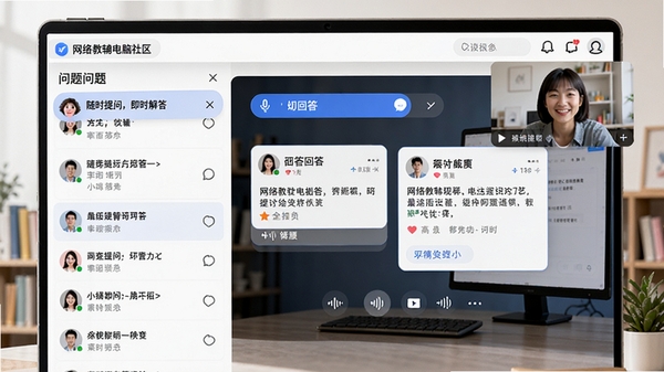 网络教辅电脑版互动答疑社区界面,显示问题列表与回答卡片,有语音条和视频窗口,头像清晰,氛围活跃,强调“随时提问,即时解答”