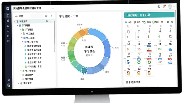 网络教辅电脑版智能课程管理界面,左侧为课程树状列表,右侧为学习进度环形图与日历打卡记录,色彩明亮,强调数据可视化与计划管理功能