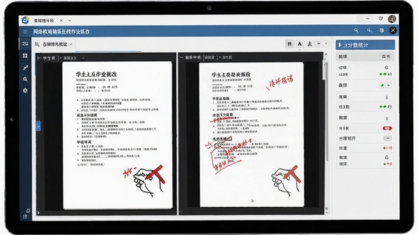 网络教辅电脑版在线作业批改界面,展示学生作答试卷与教师红笔批注,右侧有分数统计栏,风格专业,突出互动教学场景