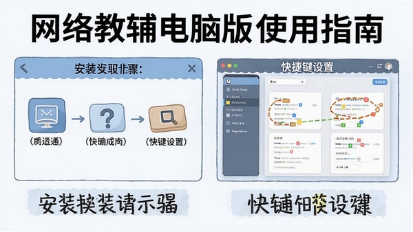 网络教辅电脑版使用指南示意图,展示安装步骤与快捷键设置界面,配以文字说明,风格教程化,清晰易懂