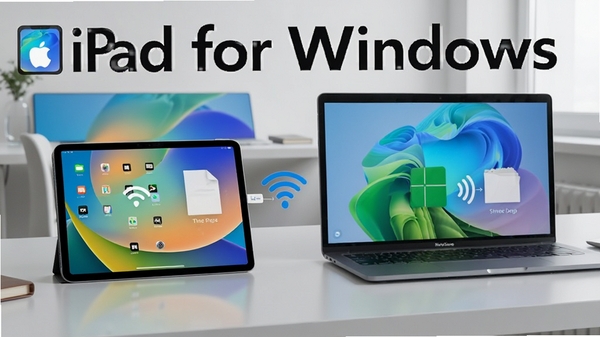 չʾiPad��Windows�����������ӵĽ��棬��Ļ�������ļ���ק����ʾ�⣬����Ϊ�ִ���Լ�칫������������iPad for Windows��Ŀ��ʾ