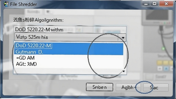 File Shredder�������н��棬��ʾѡ������㷨�������˵�������DoD 5220.22-M��Gutmann�㷨ѡ�����Ϊ������������