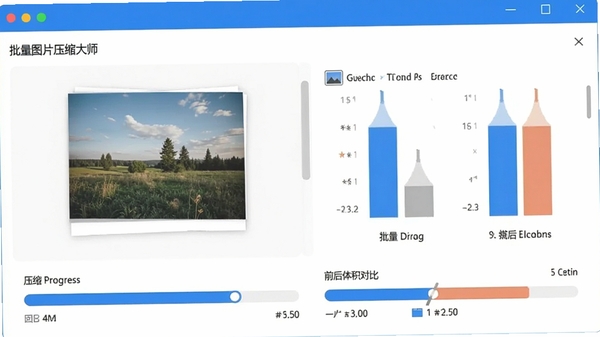 无损图片压缩大师主界面截图,展示批量拖拽图片、压缩进度条与前后体积对比数据,界面简洁现代,蓝色主题色调