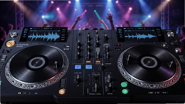 �׵�DJ����������˫�������������д��������ʾ����Բ�ε�Ƭ�Ͳ��Σ�����Ϊ�ſ���̨�ƹ�