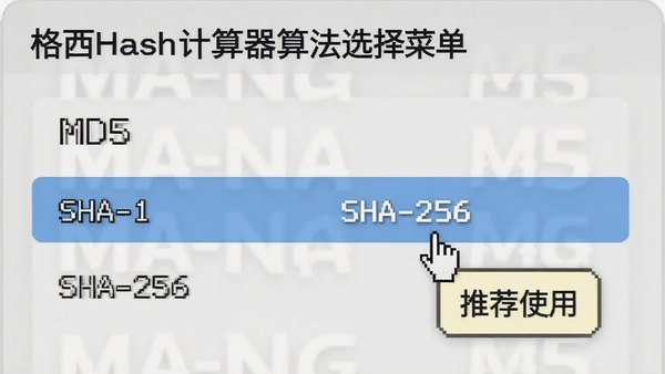 ����Hash�������㷨ѡ��˵���չʾMD5��SHA-1��SHA-256��ѡ������ͣ��SHA-256�ϣ�������ʾ���Ƽ�ʹ�á�