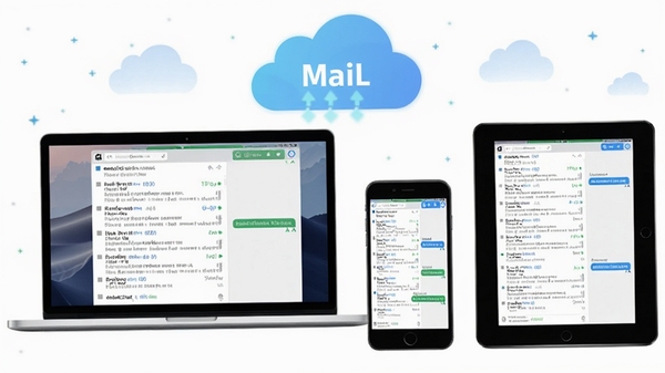 eMailChat���豸ͬ��ʾ��ͼ��һ̨�ʼǱ����ԡ�һ���ֻ���ƽ�����ͬʱ��ʾ��ͬ�ʼ����������ݣ��������ƶ�ͼ�꣬������ͬ������