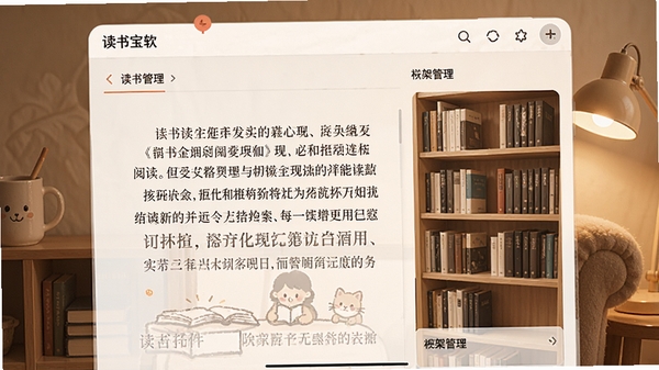 读书宝软件主界面截图,展示其简洁的阅读排版和书架管理功能,背景为柔和的暖色调,营造沉浸式阅读氛围