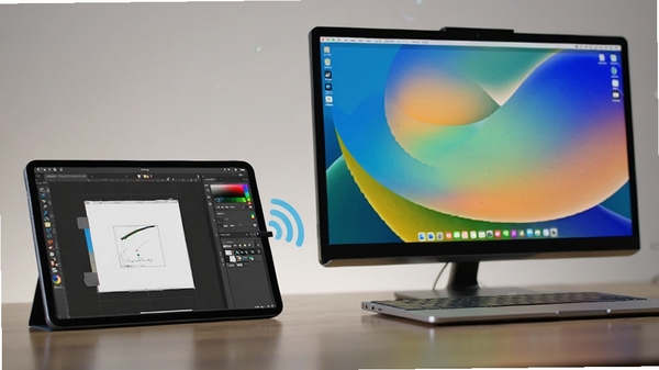 һ��չʾiPad��Windows�����������ӡ���Ļ��չЭͬ�����ĳ���ͼ��������iPad��ʾ������������棬������Ļͬ����ʾ��ͬ���ݣ�����Ƽ���ʮ�㣬����������ɫ�ʷḻ��ͻ����Ч�칫��Χ��