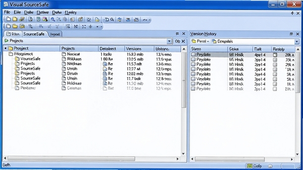 Visual SourceSafe���������ͼ��չʾ��Ŀ�ļ��б��Ͱ汾��ʷ��¼�����רҵ��࣬��ɫ��Ϊ�������ְ汾���ƹ���