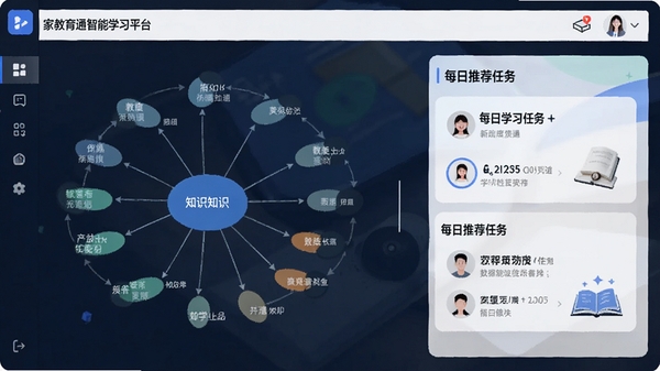 家教通智能学习平台AI学习路径规划界面,显示知识图谱与每日推荐任务卡片