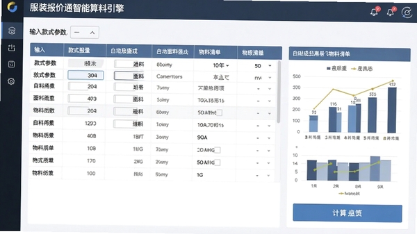 服装报价通智能算料引擎界面,展示输入款式参数后自动生成面料用量和物料清单的过程,界面包含表格、图表和计算按钮,风格专业清晰