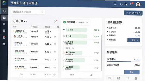 服装报价通订单管理界面,展示订单列表、状态跟踪、应收应付账款等模块,界面采用卡片式设计,信息层级分明,便于快速操作