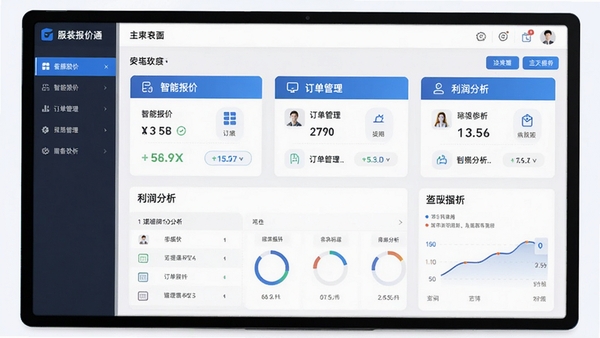 服装报价通软件主界面,显示智能报价、订单管理、利润分析等核心功能模块,界面风格简洁现代,色彩以蓝色和白色为主,突出专业感