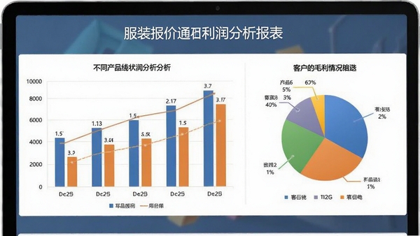 服装报价通利润分析报表,展示柱状图、饼图等可视化图表,分析不同产品线和客户的毛利情况,帮助用户快速掌握盈利状况
