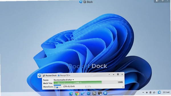 չʾ RocketDock �� Windows 11 �����е����ܼ�ؽ�ͼ�������������ʾ RocketDock �����ڴ�ռ�ý�15MB��CPUռ��0.1%��ͣ��������������ײ�������Ϊ��ɫ�����ֽ��������ɾ������廭�ʡ�