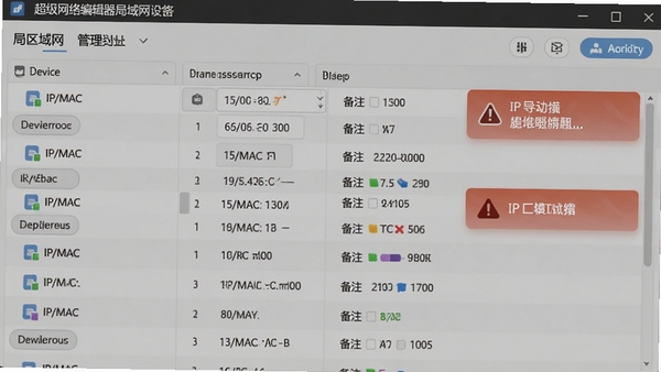 ��������༭���������豸�����棬չʾ�豸�б���IP/MAC��Ϣ����ע���鹦�ܣ��Լ�IP��ͻ������ʾ�������������������