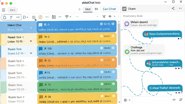 һ��չʾeMailChat����������Ľ�ͼ�����Ϊ�ʼ��б����Ҳ�Ϊ���촰�ڣ�������ˬ��ɫ�����죬ͻ�����ʼ��������ںϵ��ص�