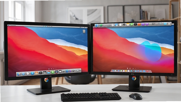 һ��˫��ʾ������ʾ��ͼ�������ʾ���ײ���RocketDock�����Ҳ���ʾ����������һ��RocketDock��������Dock�����ͬ������Ϊ����������ֽ��չʾ����ʾ���������ù��ܡ�