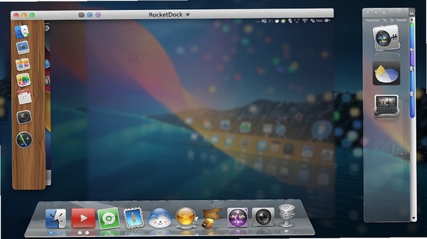 һ��չʾRocketDock����Ƥ����λ�ñ仯��ƴͼ�������ײ��������Ҳ��Dock�����ֱ�Ӧ���˲�ͬ��Ƥ�����⣬����ľ�ơ�������͸���������ɫ�ʷḻ��չʾ�����ĸ߶ȿɶ����ԡ�