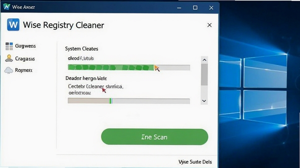 Wise Registry Cleaner主界面截图,展示系统清理状态与一键扫描按钮,界面简洁专业,背景为蓝色调科技风格