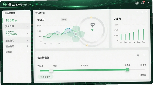 渲云客户端计费仪表盘,显示预估费用、节点数量调节滑块,背景为绿色科技感界面,体现成本控制