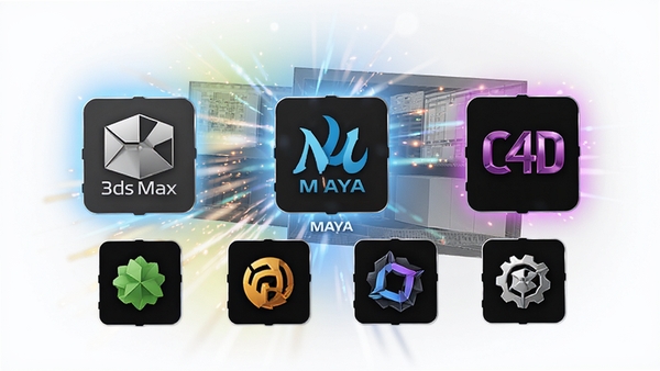 渲云客户端软件兼容列表,展示3ds Max、Maya、C4D等图标,背景为炫彩光效,突出全面兼容性