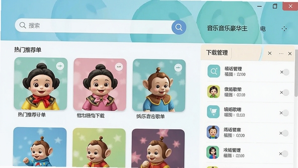 福娃下载 音乐豪华版主界面截图,展示了简洁的搜索栏、热门推荐歌单和下载管理列表,风格现代,色彩清新