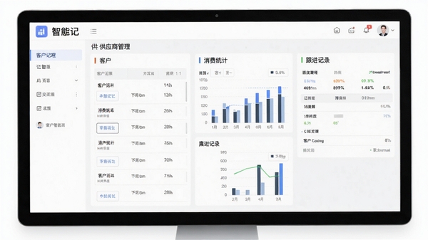智慧记客户与供应商管理界面,展示客户列表、消费统计和跟进记录功能