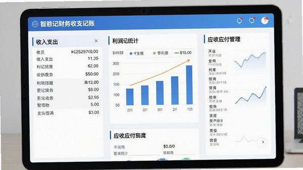 智慧记财务收支记账界面,展示收入支出类别、利润统计图表和应收应付管理