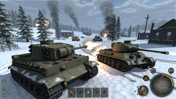 ս��������Ϸ����Ҽ�ʻ��ʽ̹����ѩ�ص�ͼ����з�T-34̹�˽�ս�ĳ�����չʾ��Ϸ��ϸ�Ļ��������Ļ���Ч��