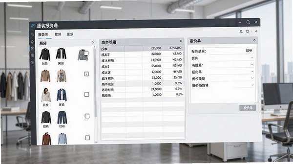 服装报价通软件主界面截图,显示服装款式列表、成本明细表格和报价单预览,界面简洁专业,数据清晰,背景为现代办公场景,风格写实高清