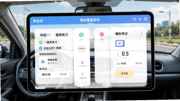 驾校魔盒软件主界面展示图,包含科目一题库练习和模拟考试功能,背景为驾驶场景,界面清晰友好。