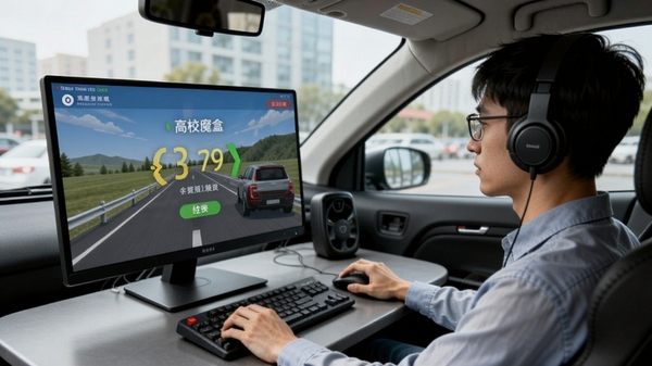 驾校魔盒使用场景图,学员在电脑前进行模拟考试,界面显示高分成绩。