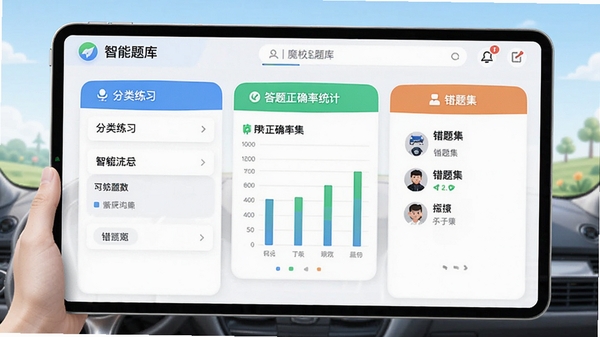 驾校魔盒智能题库界面,展示分类练习、答题正确率统计和错题集功能,画面简洁明快。