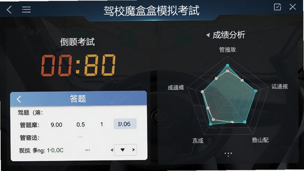 驾校魔盒模拟考试界面,显示倒计时、答题卡和成绩分析雷达图,风格专业严谨。