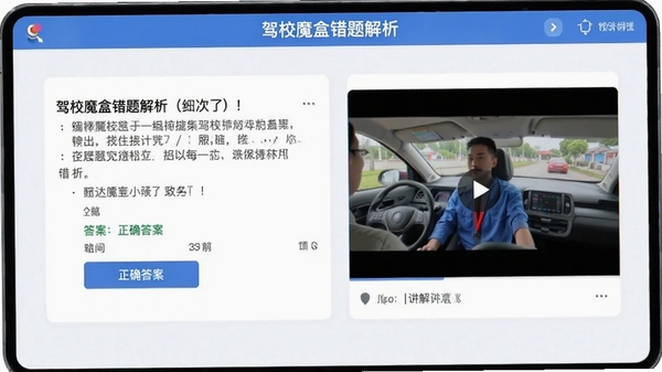 驾校魔盒错题解析界面,展示题目、正确答案和视频讲解,界面布局合理。