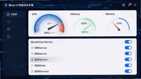 Fresh UI �����Ż���壬��ʾCPU���ڴ�ռ�����Ǳ��̣��·��г����Ż��ķ������������б������п��ذ�ť������Ƽ���ʮ�㣬��ɫ��Ϊ��