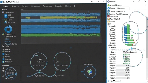 һ��չʾCrystalMark��Windows 11ϵͳ�����У�ͬʱ��������������鿴CPU��Դռ�õĽ�ͼ��������������ʱ��ϵͳ������