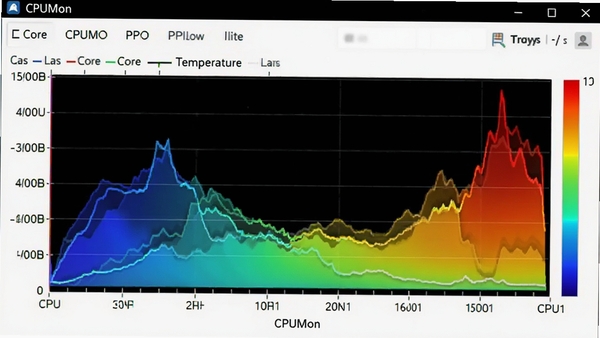CPUMon�¶ȼ�ؽ��棬չʾCPU�������¶�����ͼ����ɫ�������ɫ����ɫ