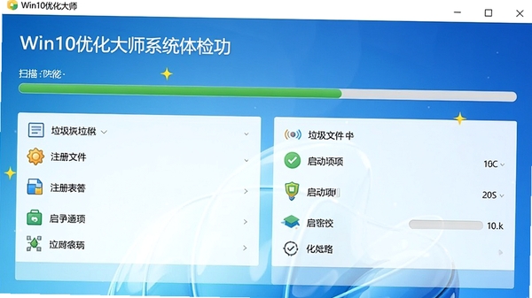 Win10优化大师系统体检功能界面,显示扫描进度条和体检结果,包含垃圾文件、注册表、启动项等分类,色彩明亮,界面友好
