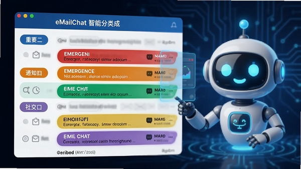 չʾeMailChat���ܷ��๦�ܣ��ʼ��б�����Ҫ��֪ͨ���罻�ȱ�ǩ���飬������ɫ���������ʼ��������������ܻ�����ͼ�꣬ͻ��AI�������ԡ�