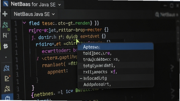 NetBeans for Java SE 智能代码补全功能特写,光标处弹出方法参数提示列表,代码行以不同色彩高亮显示,背景深色主题,彰显专业开发氛围