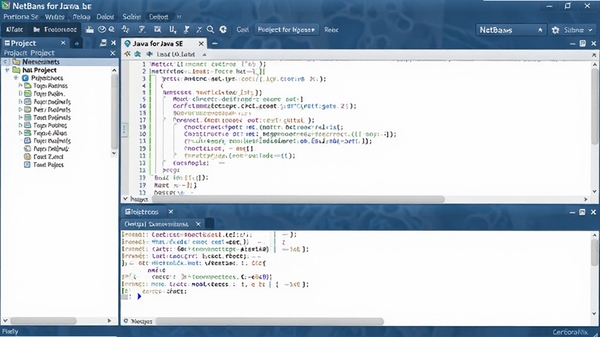 NetBeans for Java SE 集成开发环境主界面截图,展示代码编辑器、项目导航和输出控制台,界面清晰现代,代码高亮显示,整体色调以蓝白为主,体现专业开发工具质感