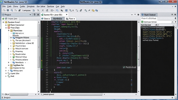 一张展示NetBeans for Java SE主界面截图的图片,界面清晰,代码编辑器高亮显示Java代码,左侧项目树结构完整,右侧面板显示运行输出结果,整体色调明亮专业