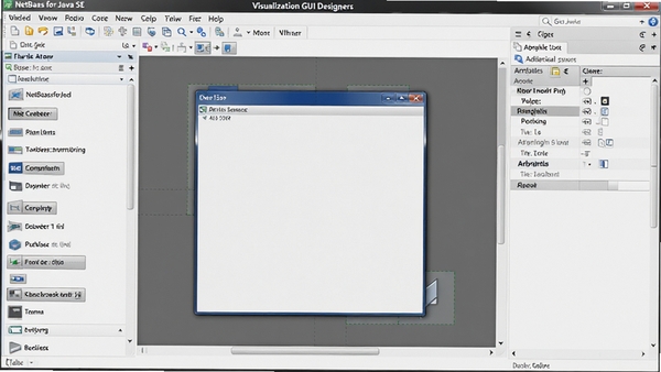 一张展示NetBeans for Java SE可视化GUI设计器的图片,左侧为组件面板,中央为窗体设计区域,右侧为属性编辑器,设计器界面简洁,组件布局清晰